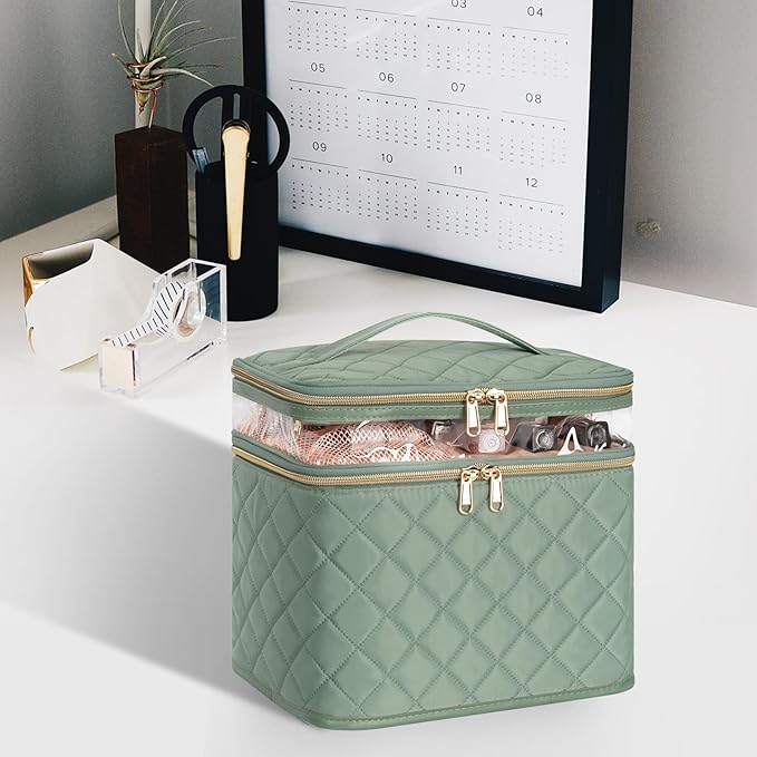 OCHEAL Large Makeup Bag, Double Layer Makeup Bag, Vertical Storage Cosmetic Case for Women/Girls with Multiple Compartments-Green