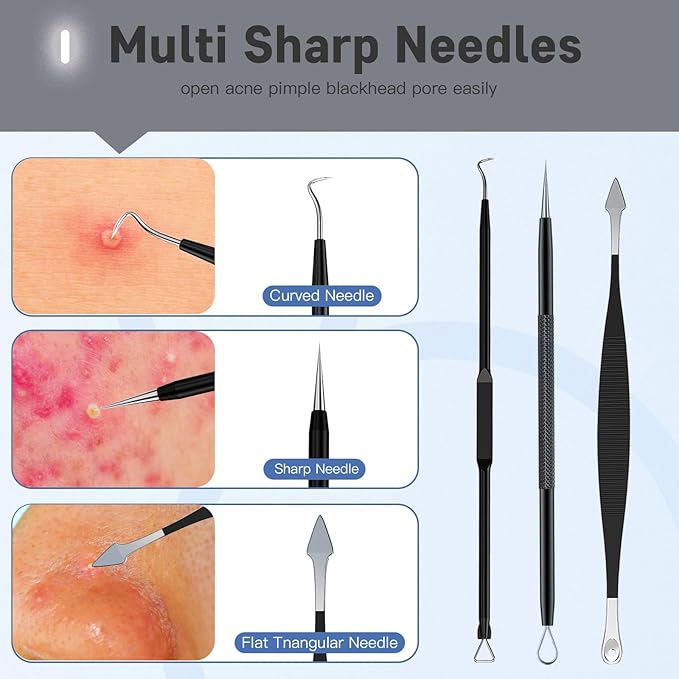 Professional Pimple Popper Tool Kit,10 PCS Blackhead Remover Tweezers,Extractor Acne Removal Kit for Easy Removal for Pimples,Comedone Extractor Tools for Removing Zit,Acne Removal Kit (Black)