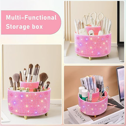 Diesisa Bling Diamond 360° Makeup Brush Holder Organizer, Rotating Makeup Brush Organizer,5 Slot Make up Brushes Cup for Cosmetics, Vanity Desktop Organizer, Gift for Women Teen Girls- Diamond Pink