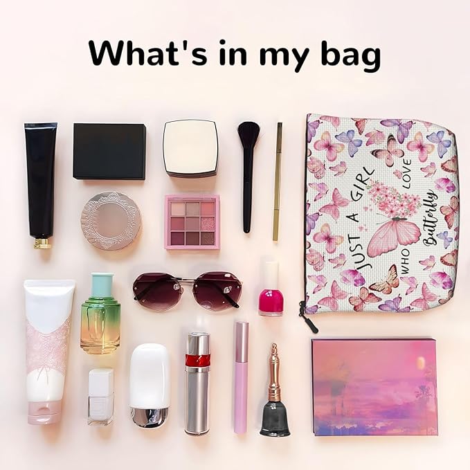 MOLAIGIN Just A Girl Who Love Butterfly Cute Butterflies Cosmetic Bag For Women, Travel Makeup Bag, Toiletry Zipper Bag, Large Capacity Aesthetic Cases