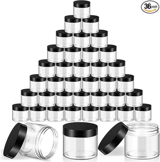 SATINIOR 36 Pieces 6 oz Plastic Jars with Lids Wide Mouth Airtight Reusable Container Acrylic Cosmetic Small Jars for Lotions Ointments Travel Toiletries Creams Make up Storage(Black)