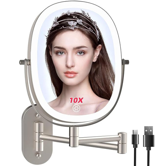 FUNTOUCH Rechargeable Wall Mounted Lighted Makeup Mirror, Oval Double-Sided Mirror 1X/10X Magnifying Wall Mounted,3 Color Lights Touch Screen Dimmable 360°Swivel 13 Inch Extendable