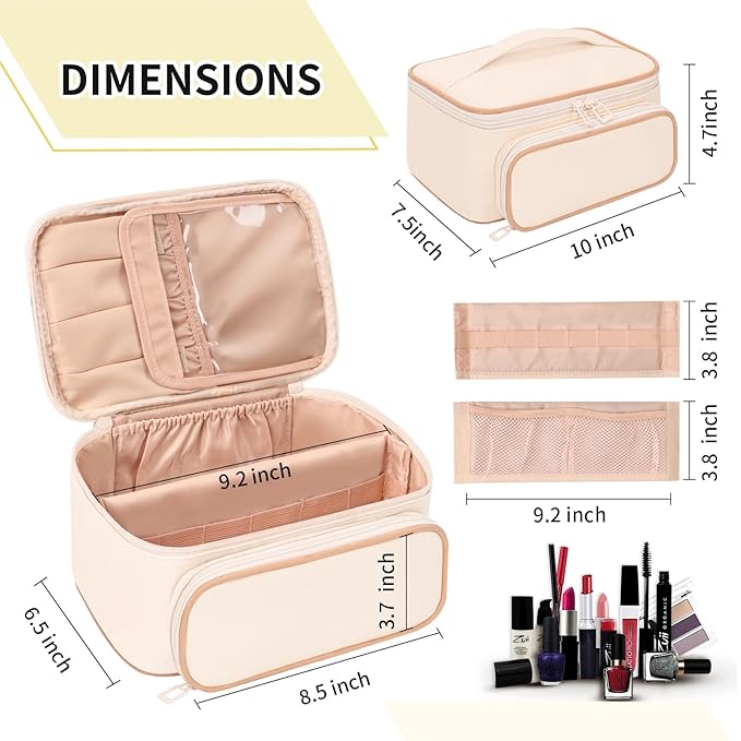 OCHEAL Makeup Bag, Multifunctional Make Up Bags Large Compact Makeup Bag Organizer Cosmetics Toiletry Brushes Storage Case for Women Girls Makeup Case with Handle Divider- Beige