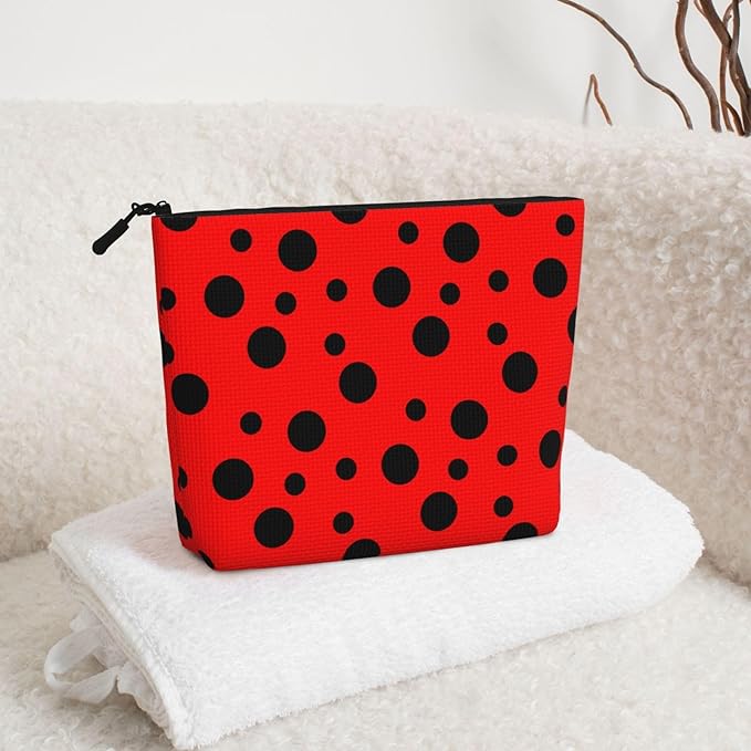 MOLAIGIN Red Black Polka Ladybugs Dot Cosmetic Bag For Women, Travel Makeup Bag, Toiletry Zipper Bag, Large Capacity Aesthetic Cases