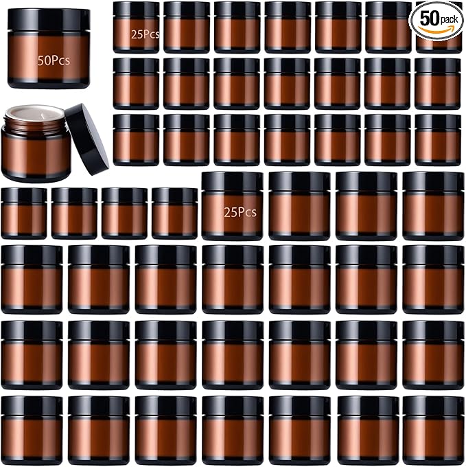 50Pcs(25×4oz + 25×2oz)Amber Glass Jars with Glossy Black & White Inner Lid Liners Airtight Small Glass Containers for Spices Candles Ointments DIY Crafts Travel Toiletries (4oz & 2oz Bundle)
