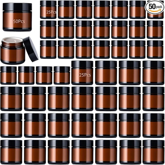 50Pcs(25×4oz + 25×2oz)Amber Glass Jars with Glossy Black & White Inner Lid Liners Airtight Small Glass Containers for Spices Candles Ointments DIY Crafts Travel Toiletries (4oz & 2oz Bundle)
