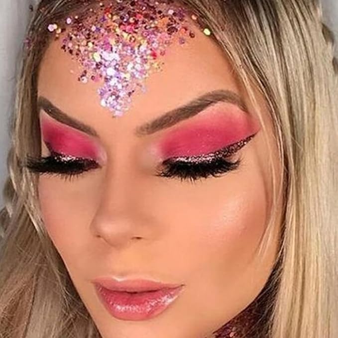 MEICOLY Pink Face Glitter,Pink Body Glitter,Sparkly Hair Glitter,Singer Concerts Lover Heart Chunky Glitter,Glitter Makeup,Mermaid Glitter Face Paint