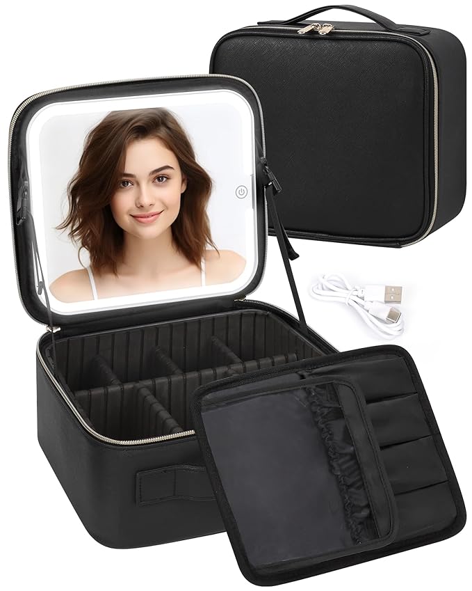 Makeup Bag With LED Mirror, Travel Makeup Case with Light up Mirror Large Cosmetic Case with 3 Color Lighted Portable Organizer Bag with Adjustable Dividers（Black）