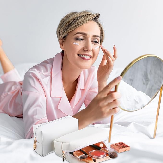 Sanwuta 9 Pcs Makeup Bags Bulk PU Double Zippers Cosmetic Bag Makeup Toiletry Pouch Portable Travel Organizers Case for Women Bachelorette Party End of The Year Bridesmaid Gift(White)