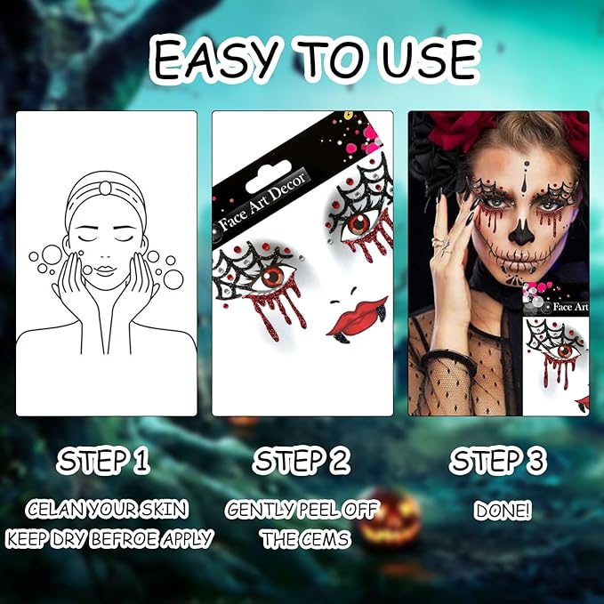 3 Pcs Halloween Face Stickers for Women, Bats and Spider Webs Face Gems Jewels,Day of the Dead Rhinestone Face Jewels Glitter Face Tattoo Stickers for Halloween Rave Party Cosplay