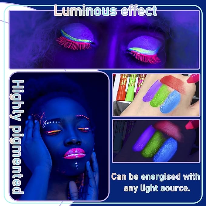 Glow in The Dark Body Paint Crayons Kit, Luminous Neon Paint Sticks, Fluorescent Face & Body Black Light Paint Markers for Halloween, Mardi Gras Parties, Masquerades, Makeup