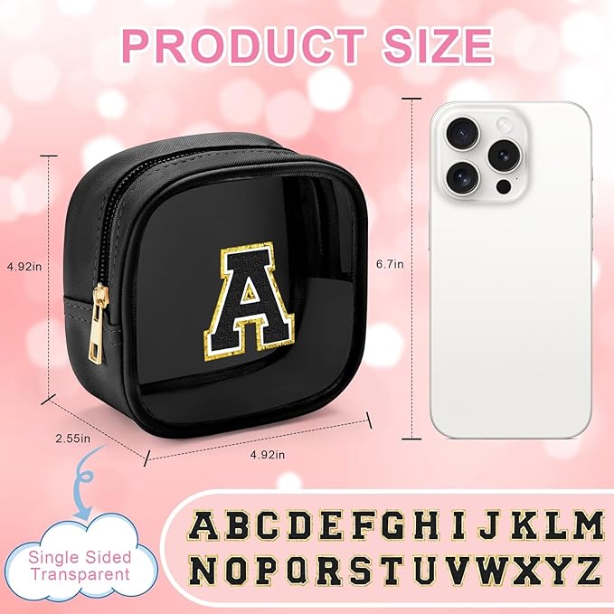 YOOLIFE Initial Makeup Bag Travel Toiletry Bag, Clear Makeup Bag Car Accessories For Women Clear Makeup Bags With Zipper Girlfriend Teacher 13 Year Old Girl Gifts Daughter Girl Gifts Mini Black F