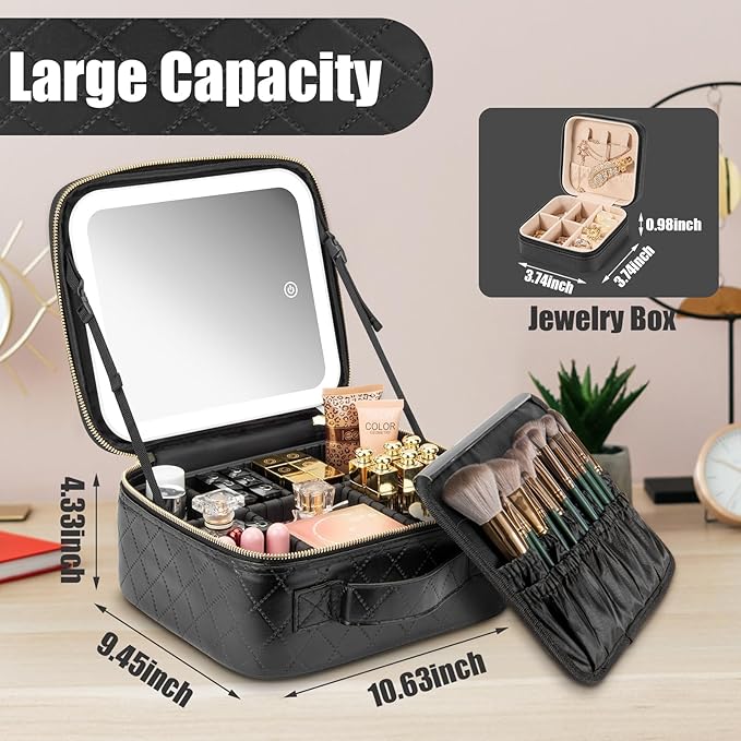 Makeup Travel Train Case with Mirror LED Light 3 Adjustable Brightness Cosmetic Bag Portable Storage Adjustable Partition Waterproof Makeup Brushes Makeup Jewelry Gift for Women
