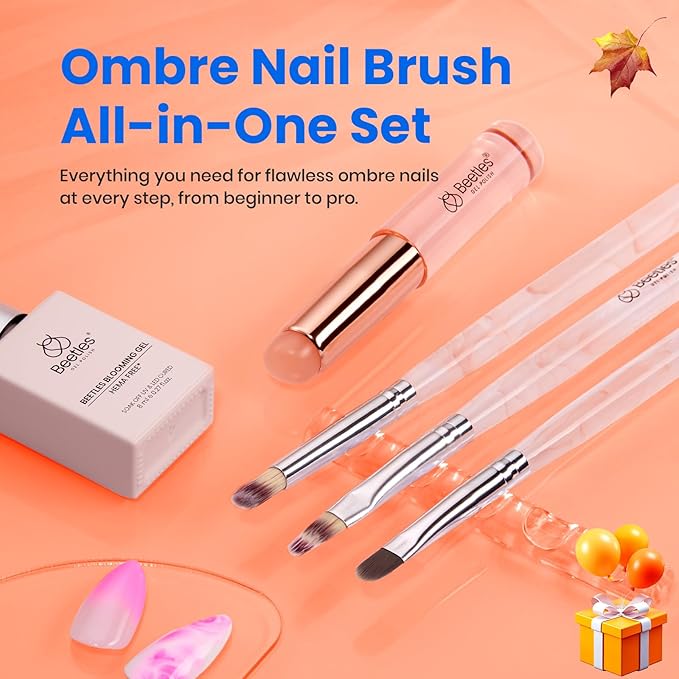 Beetles Blooming Gel and Nail Art Brushes Set - Ombre Nail Brush Gradient Stipple Clean Up Fingernail Art Pens and Silicone Dotting Tool for Gel Polish Marble Blush Chrome DIY Manicure Designs
