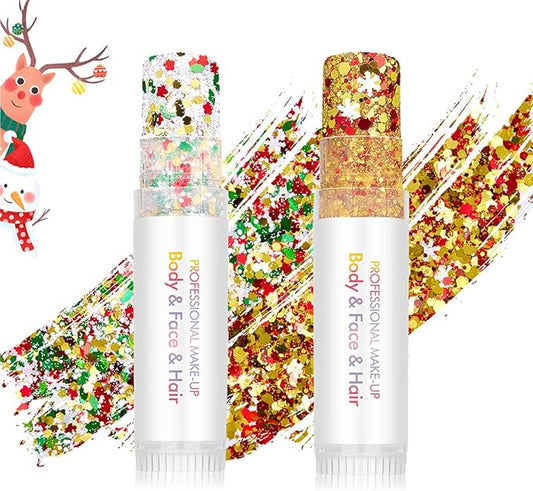 Christmas Body Glitter Stick Glod Face Glitter Green Hair Glitter Christmas Face Paint Rave Makeup Glitter Festive Face Gems Halloween Fine Chunky Glitter Stick for Women Girls 2Pack