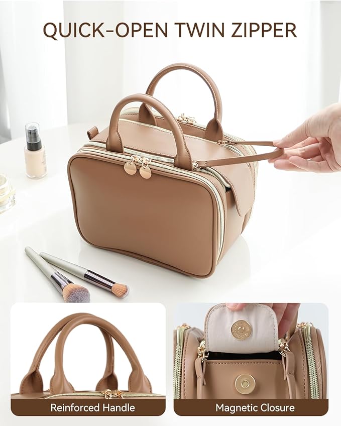 Prite Makeup Bag for Women, Large Capacity Waterproof Travel Cosmetic Organizer, Portable Open Flat Toiletry Bag with Free-standing Brush Holder and Handle(Brown Large)