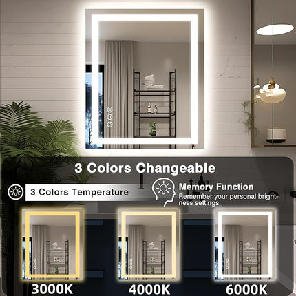 30"x36" LED Bathroom Mirror with Lights, Front and Backlit Mirror, Anti-Fog Vanity Mirror with Lights, Stepless Dimmable LED Mirror, 3 Colors Smart (Horizontal/Vertical)
