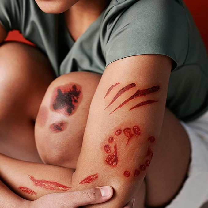 20 Sheets Halloween Scar Face Temporary Tattoos – Realistic Bloody Wounds, Stitches, Bruises & Scratch Fake Tattoos for Zombie Makeup, Scar Makeup, Bride of Chucky Costume, Cosplay