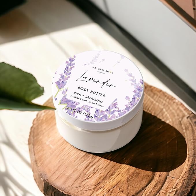 Natural Amor Lavender Spa Gifts for Women,7pcs Self Care Box Including Soap Bar, Candle, Bath Butter