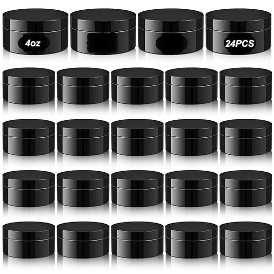 Dandat 24 Pcs 4 oz Plastic Jar Container with Lid and Label Refillable Empty Round Black PET Cosmetic Sample Containers for Lotion, Cream, Ointments, Body Butter, Makeup, Travel Storage
