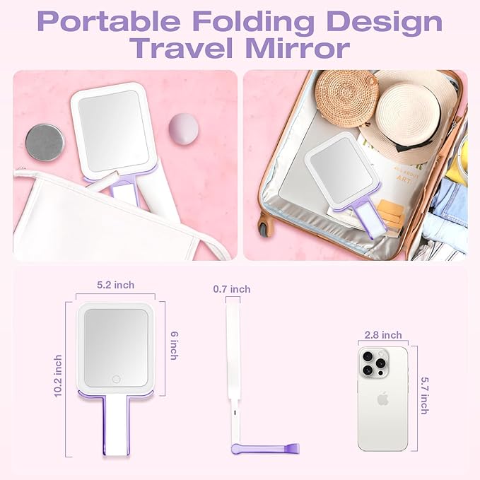 Portable Travel Makeup Mirror with Lights, Double Sided 1X/10X Magnifying Mirror, 3 Color Adjustable Lighting Touch Screen, Rechargeable Lighted Beauty Mirror, Tabletop Handhold Hanging (Purple)