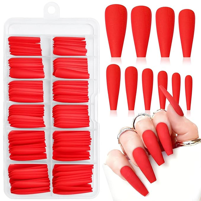 LoveOurHome 100pc Coffin Press on Nails Long Fake Nails Matte Full Cover False Nails Press ons Artificial Nail Medium Ballerina Fake Fingernail Red Presson on Nail Tips for Women Kids Girls