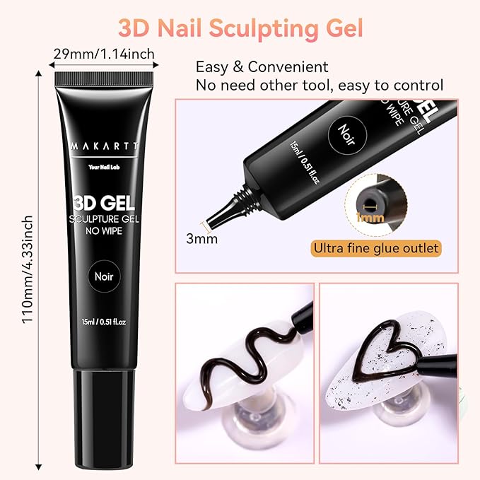 Makartt 3D Gel Nail Art: 15g Sculpting Gel Nail Art Glue for Craving Black Candy Molding Gel No Wipe Embossed Gel Polish Rhinestone Nails Charm Glue Decoration Manicure Designs (Noir)
