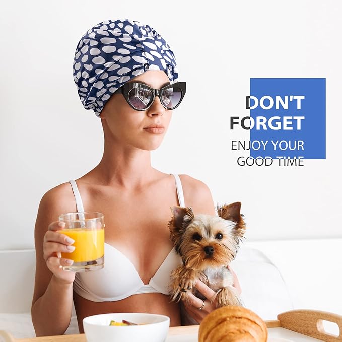 INNELO Luxury Shower Cap for Women Reusable Waterproof, Double Layered Shower Hair Cap with Adjustable Elastic Strap, Large Satin Lined Shower Bath Cap for Long Curly Straight Hair, Blue