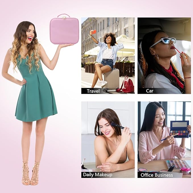 Travel Makeup Bag with LED Mirror Travel Makeup Organizer with 3 Lighted Settings, Adjustable Dividers and Makeup Brush Storage Bag Light Pink