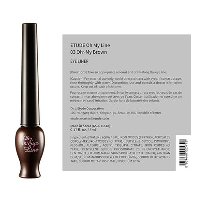 ETUDE OH M'EYE LINE liquid eyeliner - Brown, Intense Precision Liquid Eyeliner, Vivid, Deep Color, Smudge Proof, Long Lasting, Korean Makeup, Kbeauty, Perfect for Gift
