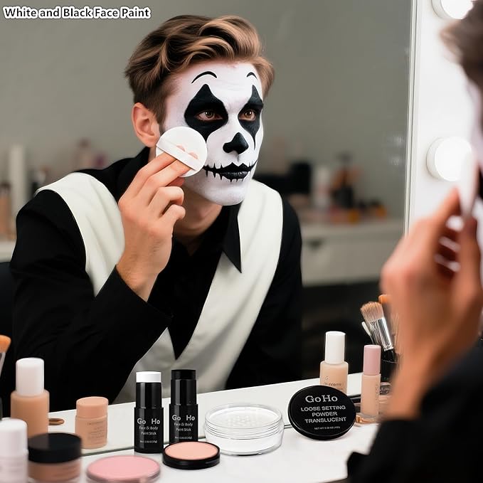 Go Ho White and Black Face Paint Stick with Setting Powder,2 PC White Sponges Set,Waterproof Full-coverage Face Body Paint for Halloween Costumes Clown Skeleton Vampire Skull Cosplay Makeup