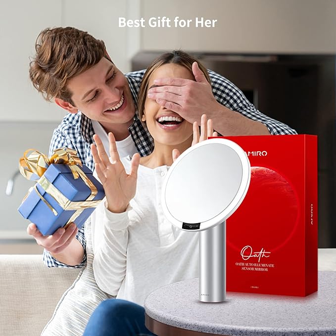 AMIRO 9" Lighted Makeup Mirror with Smart Sensor & Touch-Control, 3 Colors & 6 Brightness, Rechargeable & Cordless, Memory Function, Free Rotation, Gift for Woman - White