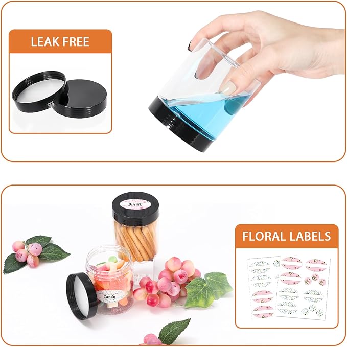 8oz Plastic Jars with Lids 36Pack, 8fl.oz Plastic Containers with Lids- Clear Food-grade Plastic Storage Containers with Black Screw Lid for Liquid and Solid Products (8fl.oz, 36Pack)