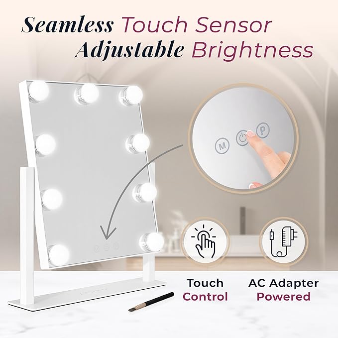 Zadro Hollywood Lighted Vanity Mirror with 9 LED Bulbs, 3 Color Light Settings, 360° Rotation Makeup Mirror Head (14" H x 12" W | 1X | Chocolate)