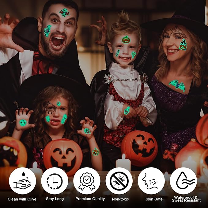 120 PCS Glow Halloween Tattoos for kids, Luminous Temporary Tattoo Stickers Halloween Party Favors, Trick or Treats, Goodie Bag Stuffers, Gifts, Halloween Makeup Decorations, Party Supplies