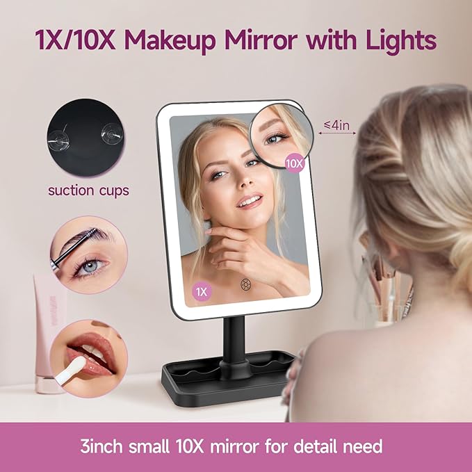 FUNTOUCH Rechargeable Lighted Mirrors for Makeup, 2000mAh, 10X Magnification/3 Color Lighting Portable Tabletop Cosmetic Make Up Mirror, 360° Rotation Led Light up Mirrors with Storage