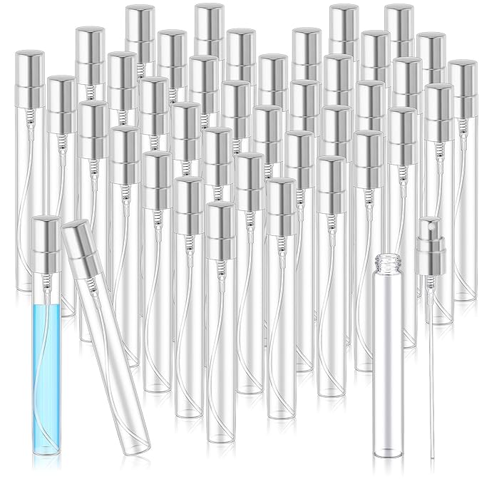 Zhehao 50 Pcs Mini Spray Bottles 10 ml Clear Glass Perfume Bottles Refillable Fine Mist Perfume Atomizer Portable Empty Sample Containers for Cleaning, Essential Oils, Travel (Silver Cap)