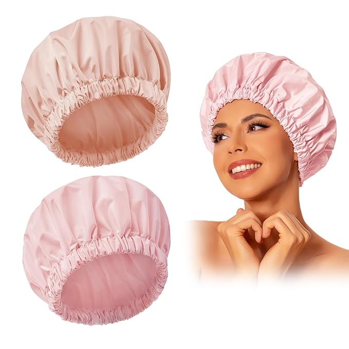 Reusable Shower Cap for Women, Large Waterproof Shower Essentials Bonnet Washable Elastic Band Bath Hair Wrap Hat for Long Hair, Braids(Pink&Beige)