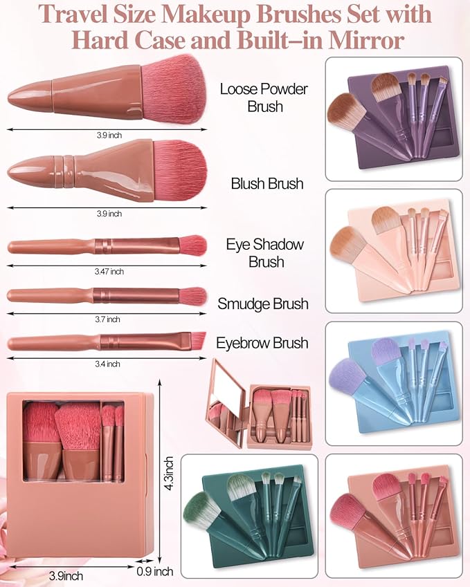 Travel Size Makeup Brushes Mini Set with Hard Case and Built-in Mirror, 5Pcs Small Cosmetic Brushes, On the Go Brush Travel Essentials kits for Women, Girls Gift (Light Pink)