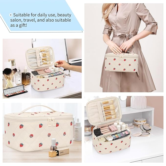 OCHEAL Makeup Bag,Travel Makeup Organizer Bag, Large Capacity Cosmetic Bags For Women Large Travel Toiletry Bag Girls Traveling With Brush Slot And Divider-Strawberry