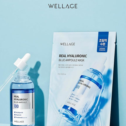 WELLAGE Real Hyaluronic Blue Ampoule Face Mask - Korean Hydratig Mask Moisture Boost with 10,000ppm Ultra-Low Molecular Hyaluronic Acid - Soft Vegan Cashmere Sheet for Sensitive Skin, 5 Sheets