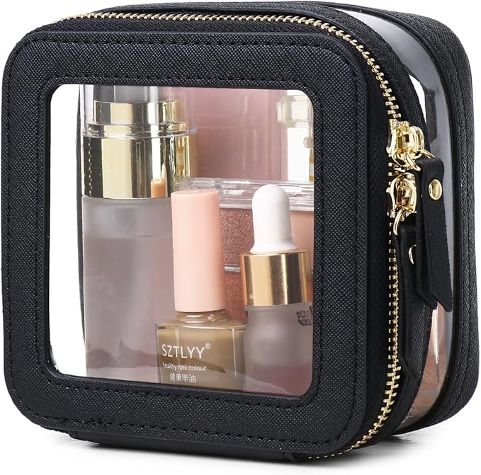 Pinkmik Clear Small Makeup Bag Mini Cosmetic Makeup Case & Toiletry Bag with Zipper,Cute Purse Organizer,Car Essentials for Women (Black, MINI-2)