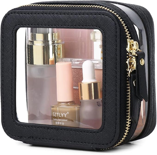 Pinkmik Clear Small Makeup Bag Mini Cosmetic Makeup Case & Toiletry Bag with Zipper,Cute Purse Organizer,Car Essentials for Women (Black, MINI-2)