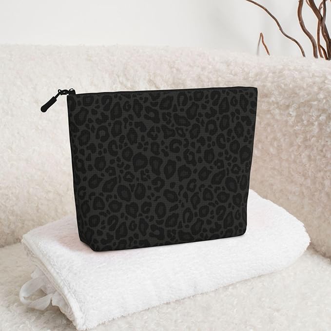 MOLAIGIN Black Grey Leopard Cosmetic Bag For Women, Travel Makeup Bag, Toiletry Zipper Bag, Large Capacity Aesthetic Cases