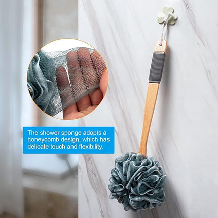 AmazerBath Shower Sponge Loofah Back Scrubber, PE Soft Mesh Loofah Body Scrubber with Long Wooden Handle, Bath Sponge for Men Women (Gray)