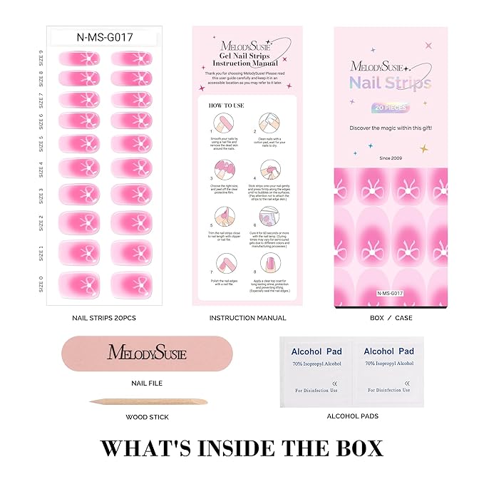 MelodySusie Semi Cured Gel Nail Strips, 20 PCS Gel Nail Stickers, UV Light Required, Durable & Salon Quality (Pink Bow)