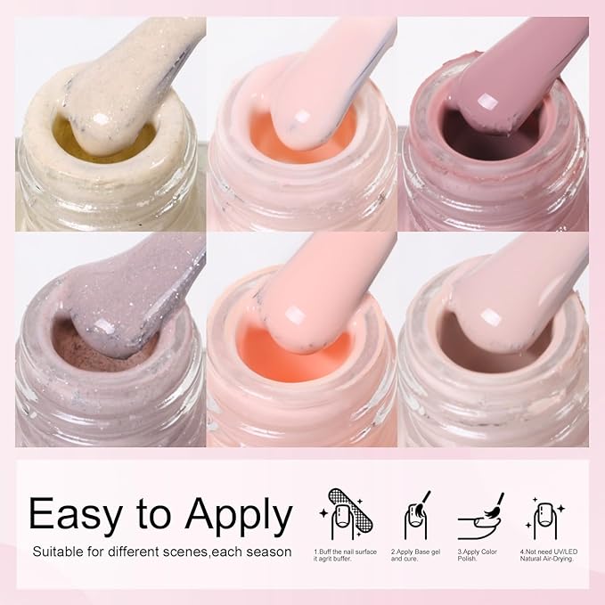 DouborQ 6 Colors Pink Nude Nail Polish Set Skin tone Finger Nail Polish Bulk Manicure Nail Art Home Salon Long-lasting Sequins Nail Art Varnish (7-12)