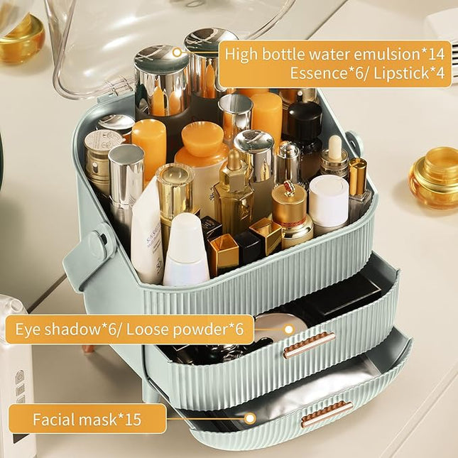 CANITORON Makeup Organizer,Skincare Organizer with 2 Drawers and Brush Storage Box,Lipstick Holder,Cosmetic Display Case for Vanity Organizer and Bathroom Countertop Storage.(Sage Green)
