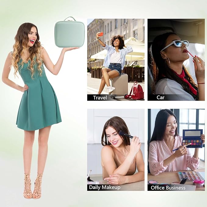 Travel Makeup Bag with LED Mirror Travel Makeup Organizer with 3 Lighted Settings, Adjustable Dividers and Makeup Brush Storage Bag Light Green