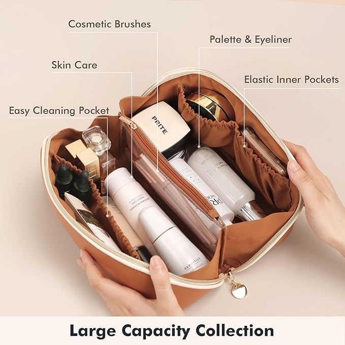 Prite Makeup Bag for Women Travel Waterproof Vegan Leather Cosmetic Bag Open Flat Toiletry Bag With Clear Divider and Handle (Large Brown)